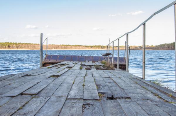 Old wooden pier with holes in rotten boards on the background of fores