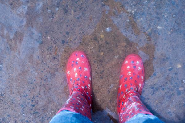 Person Wearing Pink Knee-high Rain Boots Standing on Brown Floor