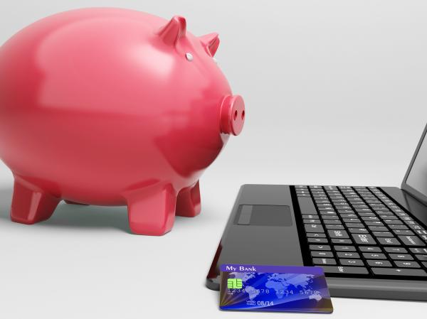 Piggy At Computer Shows Banking On Laptop