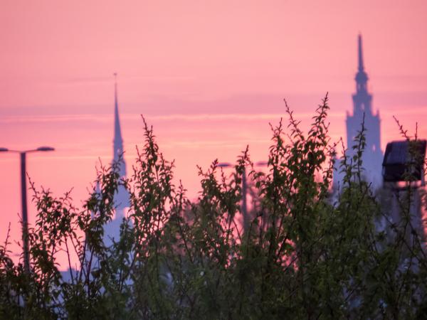 Purple skies and two towers