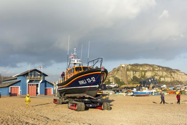 RNLB Cosandra, a Shannon class lifeboat, visits Hastings Lifeboat Station.
