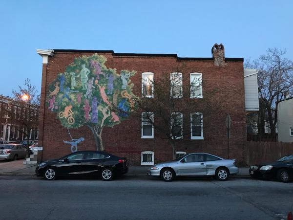 Rowhouse mural, 401 Whitridge Avenue, Baltimore, MD 21218