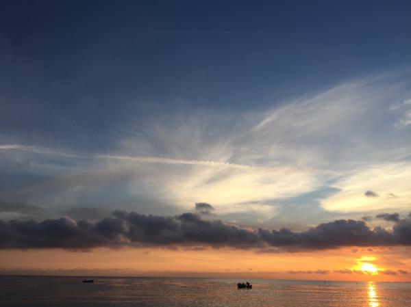 Silhouettes of People in Body of Water Under Cloudy Sky during Dusk