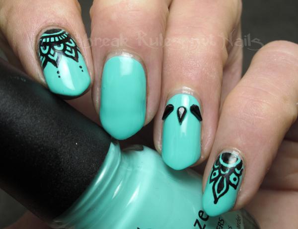 Teal, Black, and White Nail Art