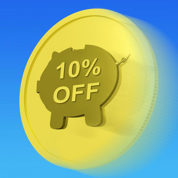 Ten Percent Off Gold Coin Shows 10 Savings And Discount