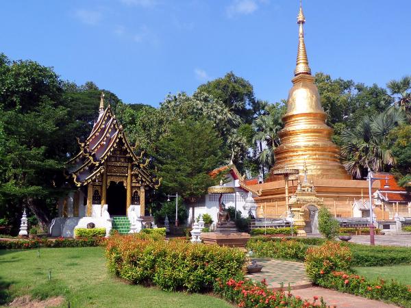 Thai Buddhist temple gardens and pagoda