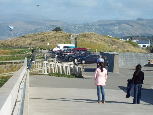 Tourists watch paraglider at New Brighto
