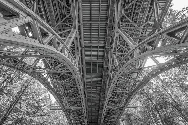 Under the Bridge Greyscale Low Angle Photograph