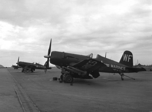 USMC Vought F4U-5N "Corsair" night fighters of Marine night fighter squadron VMF(N)-513 "Flying Nightmares" on the flight line at Wonsan, Korea, on Nov. 2, 1950.
