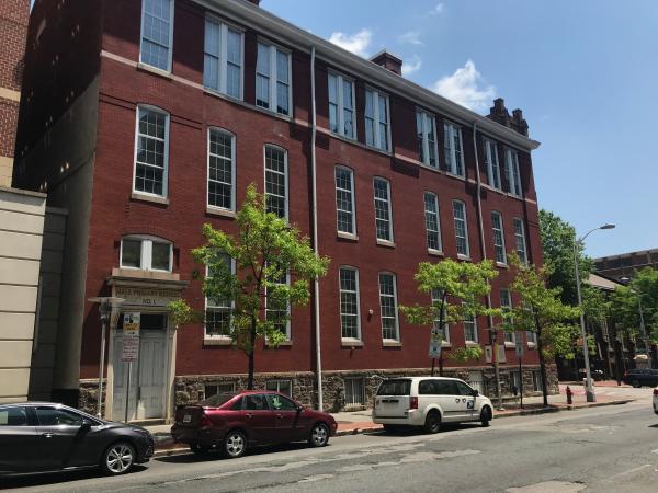 View from Greene Street, Male Grammar School No. 1/Edgar Allan Poe School/Maryland Bar Center (1880; Francis E. Davis, architect), 520 W. Fayette Street, Baltimore, MD 21201