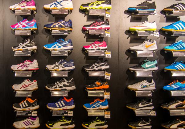Wall of shoes in a shop
