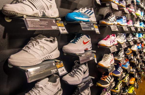 Wall of shoes in a shop