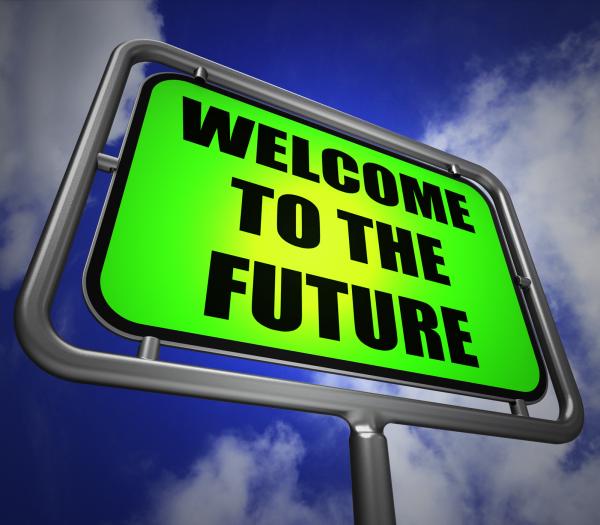 Welcome to the Future Signpost Indicates Imminent Arrival of Time