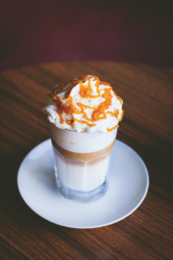 White and Brown Caramel Frappe on Clear Drinking Glass