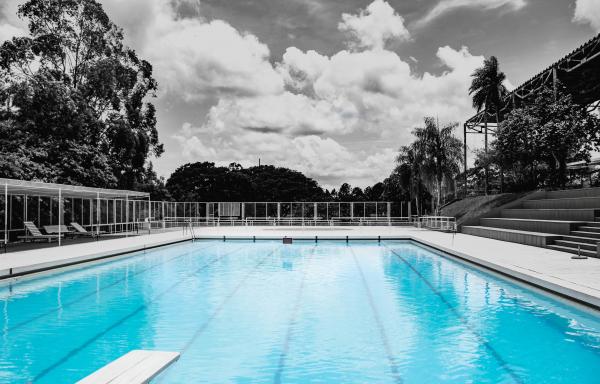 White Concrete Framed Swimming Pool Near Benches With Gate Surrounded by Trees