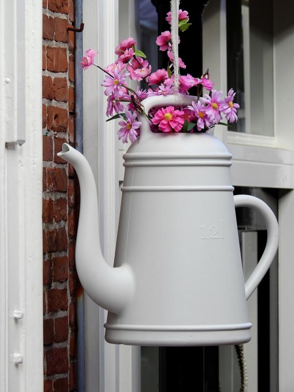 White Petaled Flower With Teapot Vase Hanging Ornament