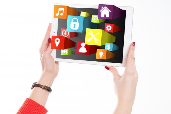Woman Holding Tablet with App Icons