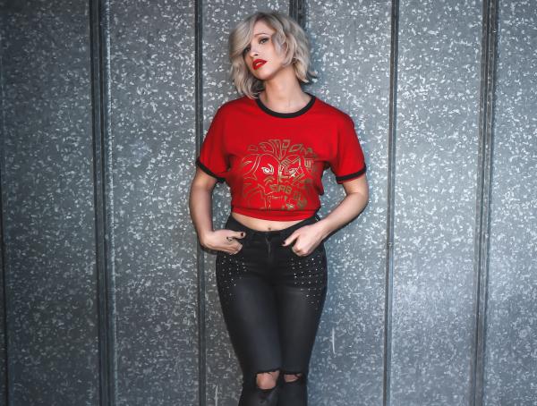 Woman in Red Crew-neck T-shirt