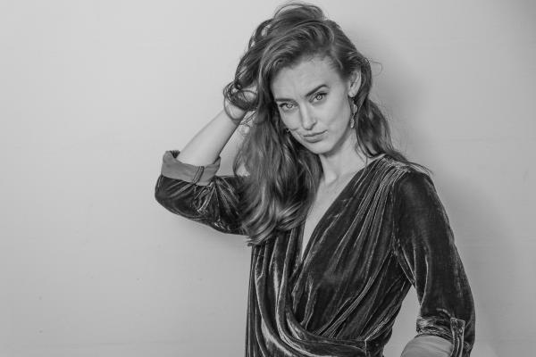 Woman in Surplice-neckline Long-sleeved Blouse Grayscale Photography