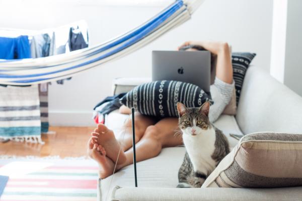 Woman Lying on Sofa With Cat by Her Foot
