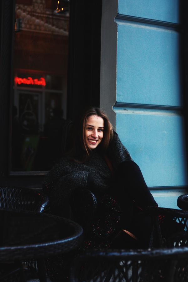 Woman Wearing Blue Crew-neck Sweater and Pants