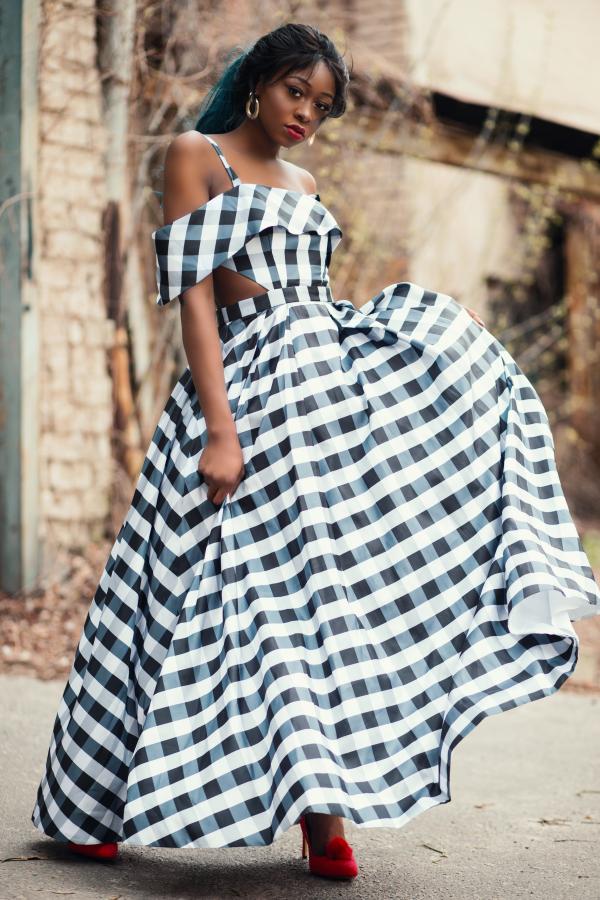 Women's Black and Gray Plaid Cold-shoulder Dress