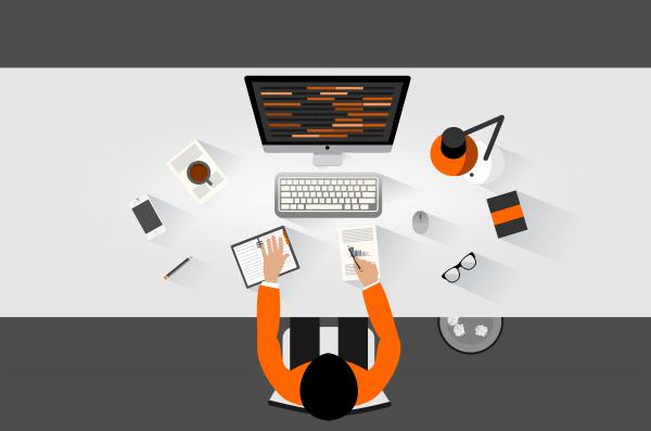 Workplace concept - Flat design of a clerk working at the desk