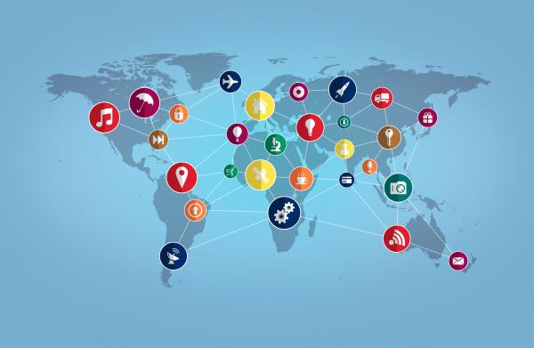 World Map with Technology Icons