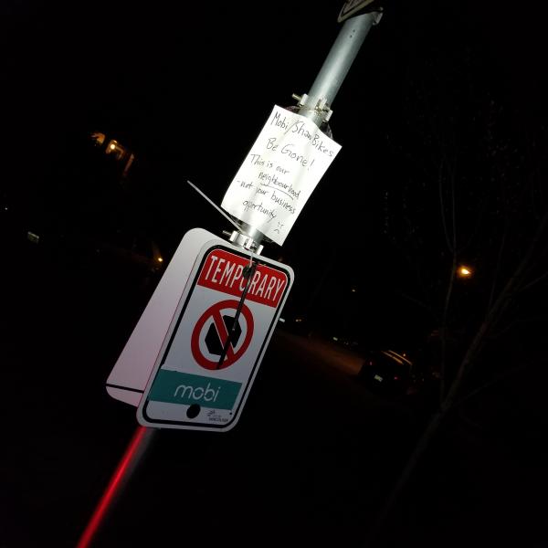 Yes @mobi_bikes is not a business (rather it's able bodied transit but that's the government's fault for not thinking beyond the bikeshare must be private & separate box :-) ) AND I welcome them to my neighbourhood in East Van 20180418_214105